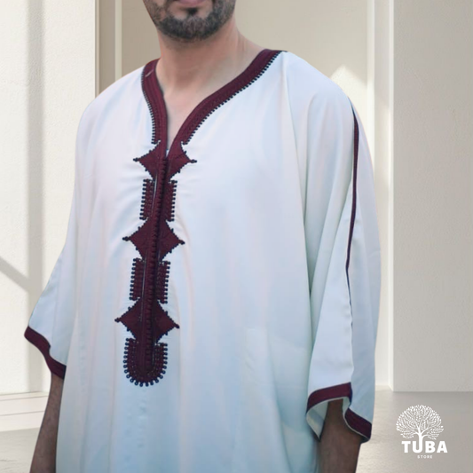 Premium Marokkanische Jalabiya/Djellaba/Thobe | Weiß-Bordeaux