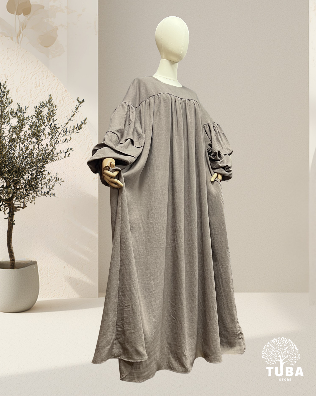 Lina Puff Sleeve Gathered Abaya - Leinen/Viskose