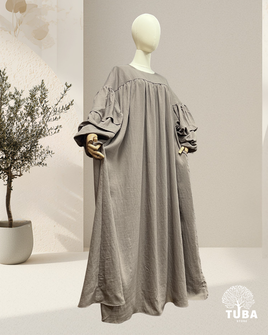 Lina Puff Sleeve Gathered Abaya - Leinen/Viskose