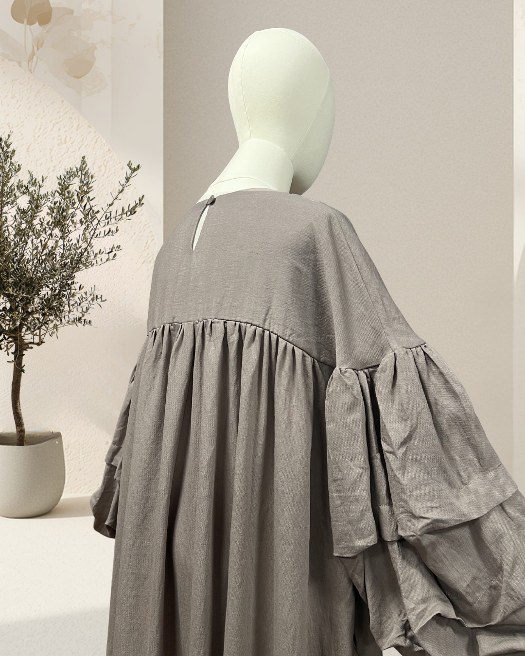 Lina Puff Sleeve Gathered Abaya - Leinen/Viskose