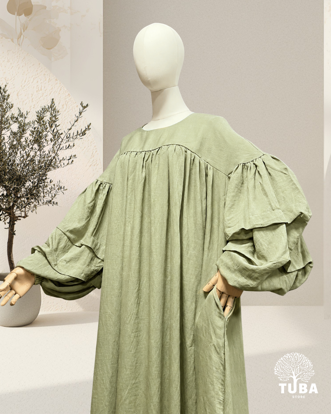 Lina Puff Sleeve Gathered Abaya - Leinen/Viskose