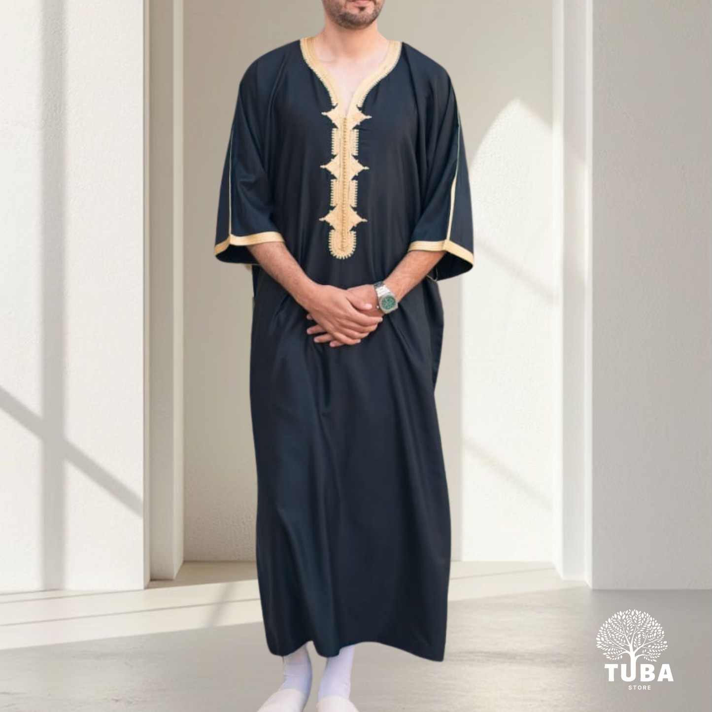 Premium Marokkanische Jalabiya/Djellaba/Thobe | Schwarz-Gold