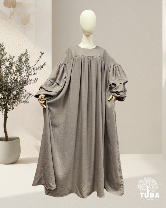Lina Puff Sleeve Gathered Abaya - Leinen/Viskose