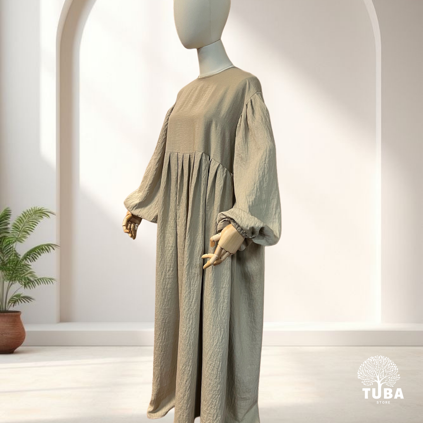 Abaya hochwertig mit Puffärmel/Ballonärmel - Leinen