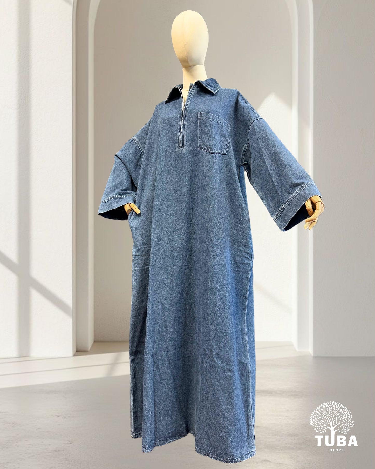 INAYA Denim Abaya mit Reißverschluss - 100% Baumwolle