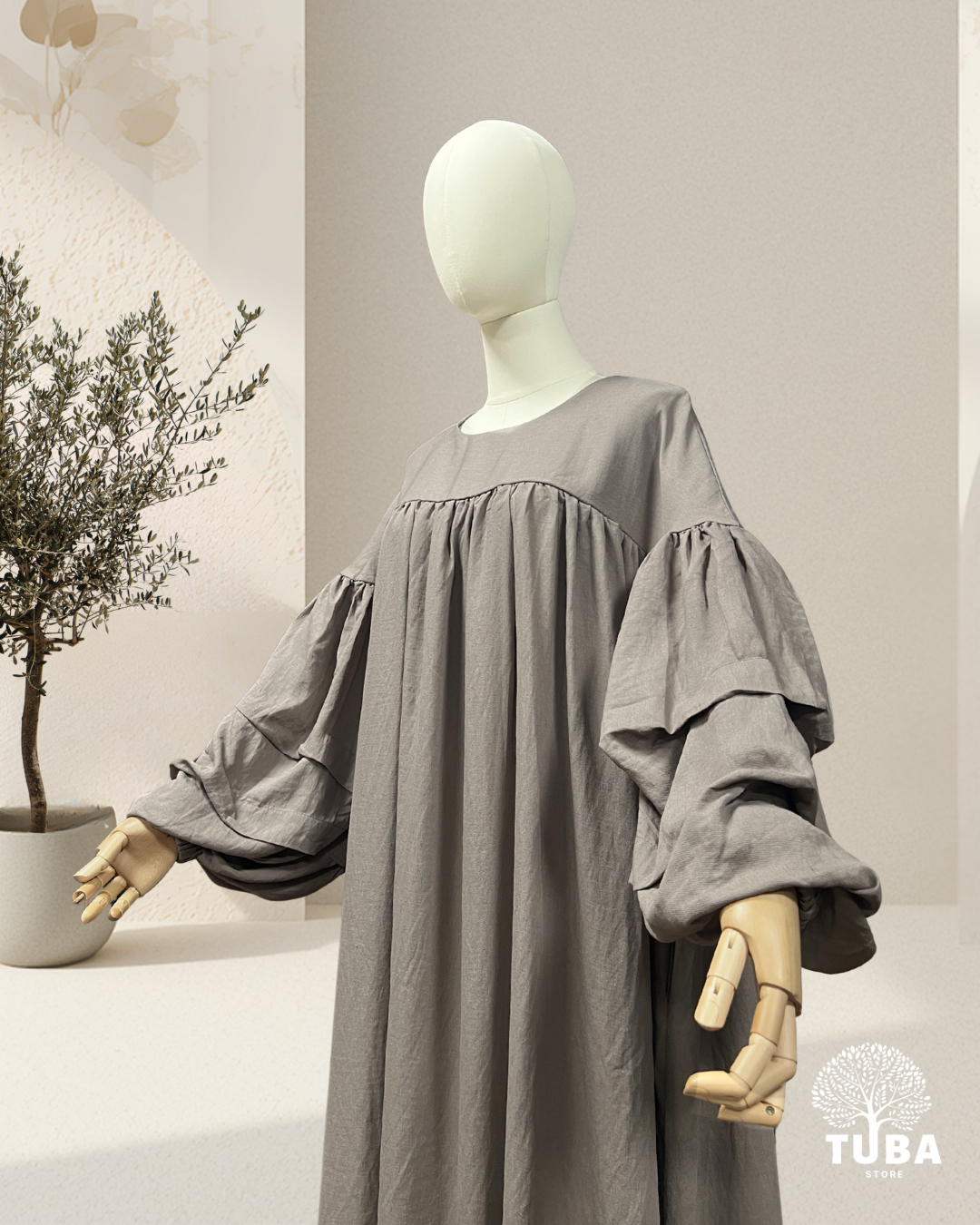 Lina Puff Sleeve Gathered Abaya - Leinen/Viskose
