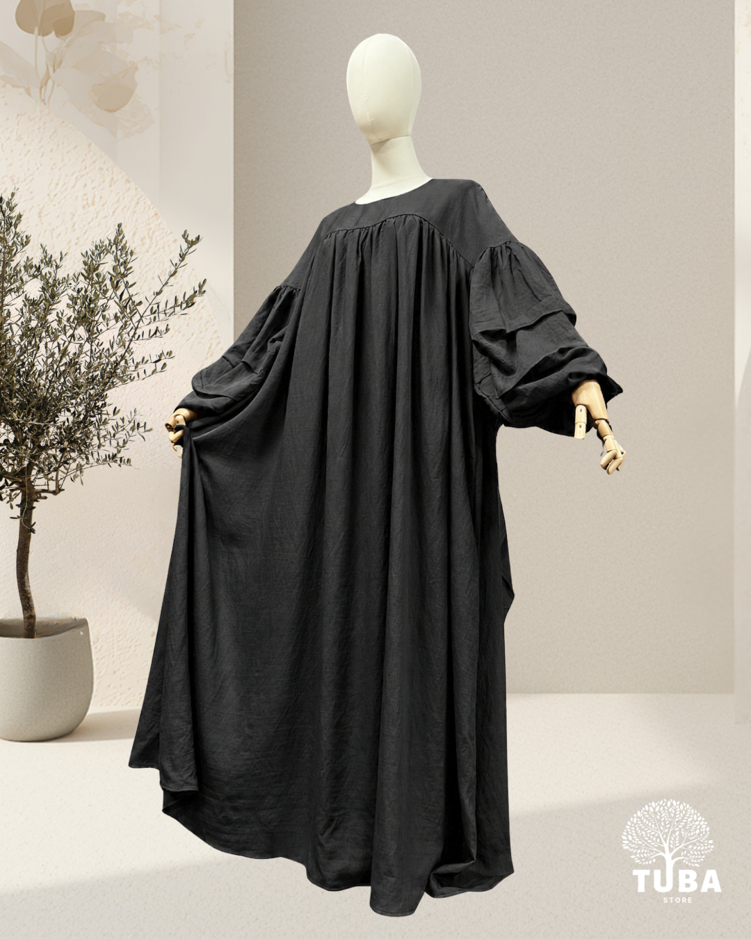 Lina Puff Sleeve Gathered Abaya - Leinen/Viskose
