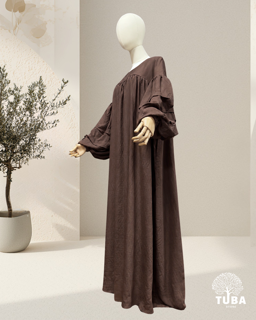 Lina Puff Sleeve Gathered Abaya - Leinen/Viskose