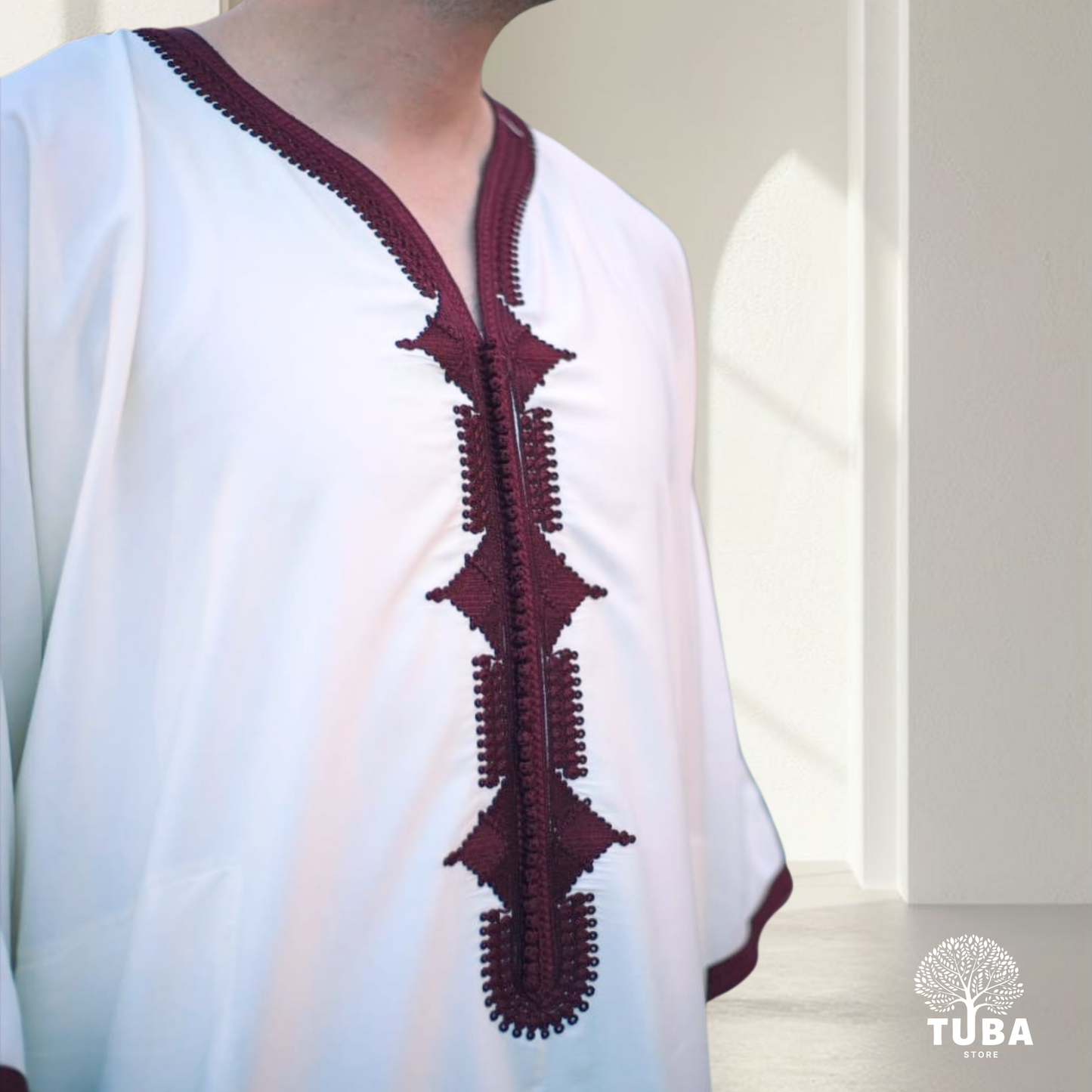 Premium Marokkanische Jalabiya/Djellaba/Thobe | Weiß-Bordeaux